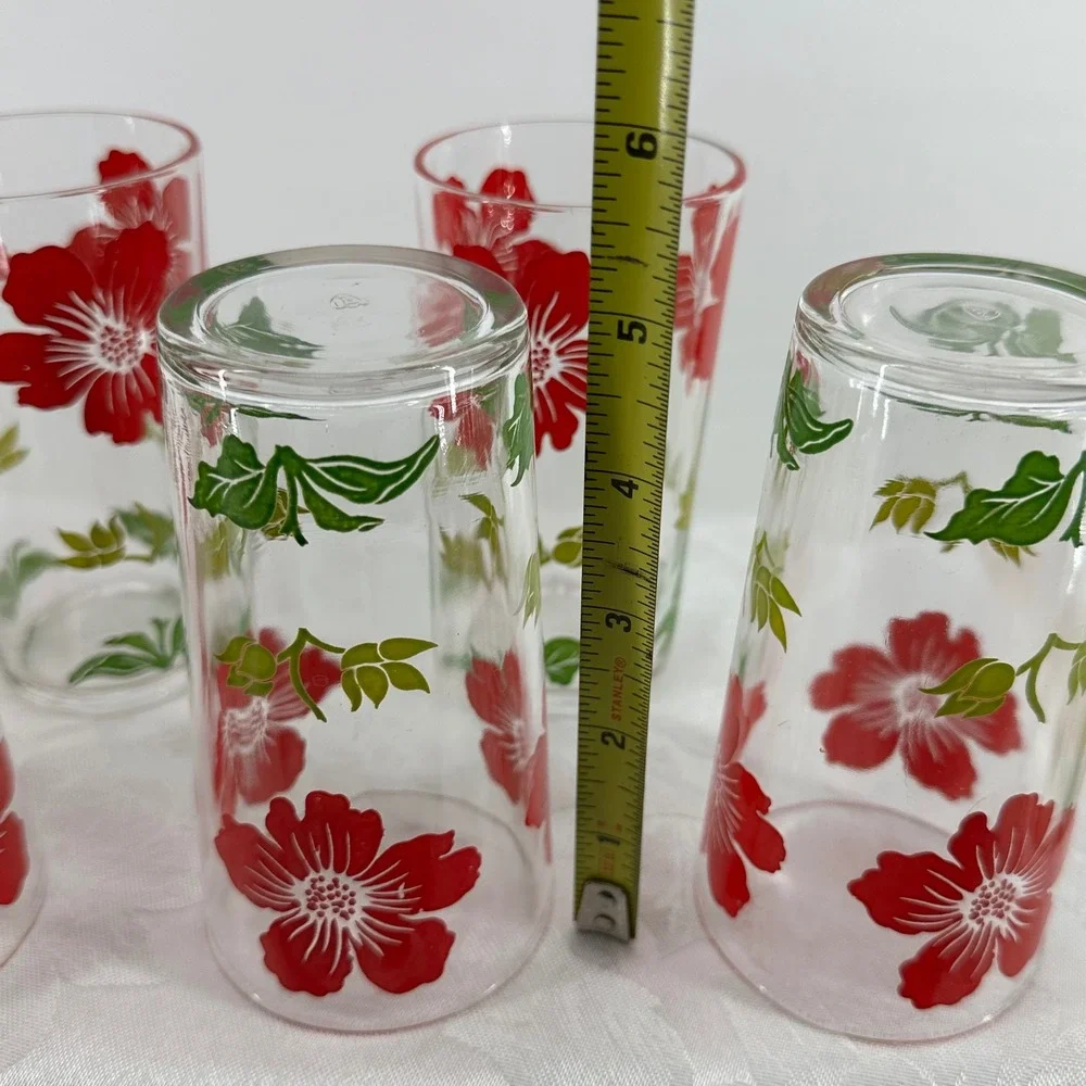 Vintage Federal Glass Tumblers Floral Set 7 Excellent Mid Century Modern Retro